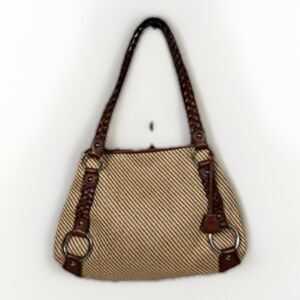 EUC Banana Republic Tan & Brown Woven Shoulder Bag Leather Trim Silver hardware